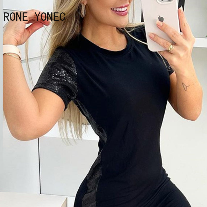 Women Elegant Chic Short Sleeves Sequins Patchwork Mini Sexy Casual Bodycon Black Dresses - Seprincess