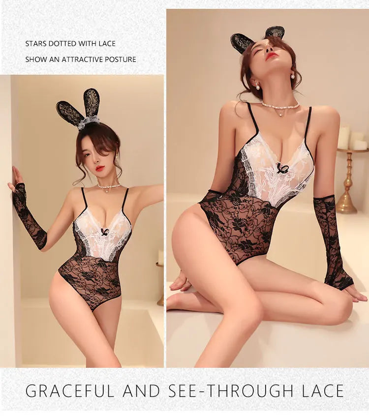 Erotic lingerie Lace Perspective Rabbit Girl Deep V-One piece Glove Flirting erotic costume 18 fancy women underwear Babydoll - Seprincess