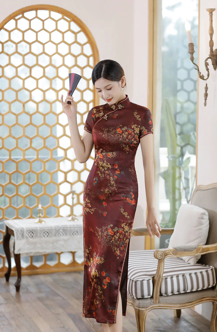 Chinese Style Cheongsams Woman Traditional Dress Floral Print Qipao Satin Vestido Para Mujer Slitting Hem Bodycon Large Size 5Xl - Seprincess