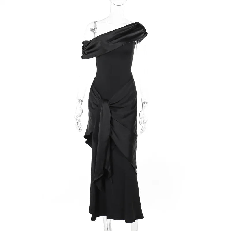 2024 Party Evening Dresses Elegant Black Slash Neck Maxi Dress For Women Fashion Short Sleeve Bodycon Banquet Vestidos Female - Seprincess