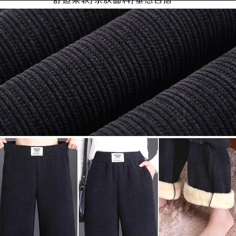 Women Warm Winter Plush Thick Pants Lambskin Cashmere Trousers High Waist Cotton Fleece Loose Female Plus Velvet Wide Leg Pants