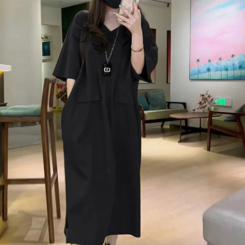 Fashion V-Neck Solid Color Spliced Pockets Loose Korean Long Dress Women's Clothing 2023 Summer New Oversized Casual Dresses - Seprincess