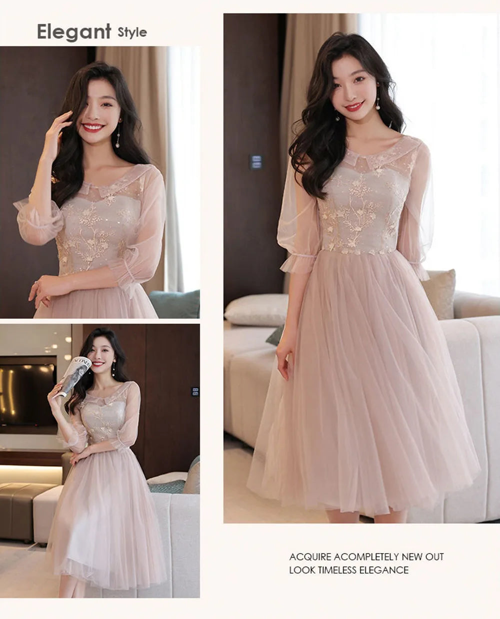 4 Styles Elegant Simple Bridesmaid Dress Women's Tulle Half Sleeves Slim Fit Design A-Line Dress Applique Wedding Party Vestido - Seprincess