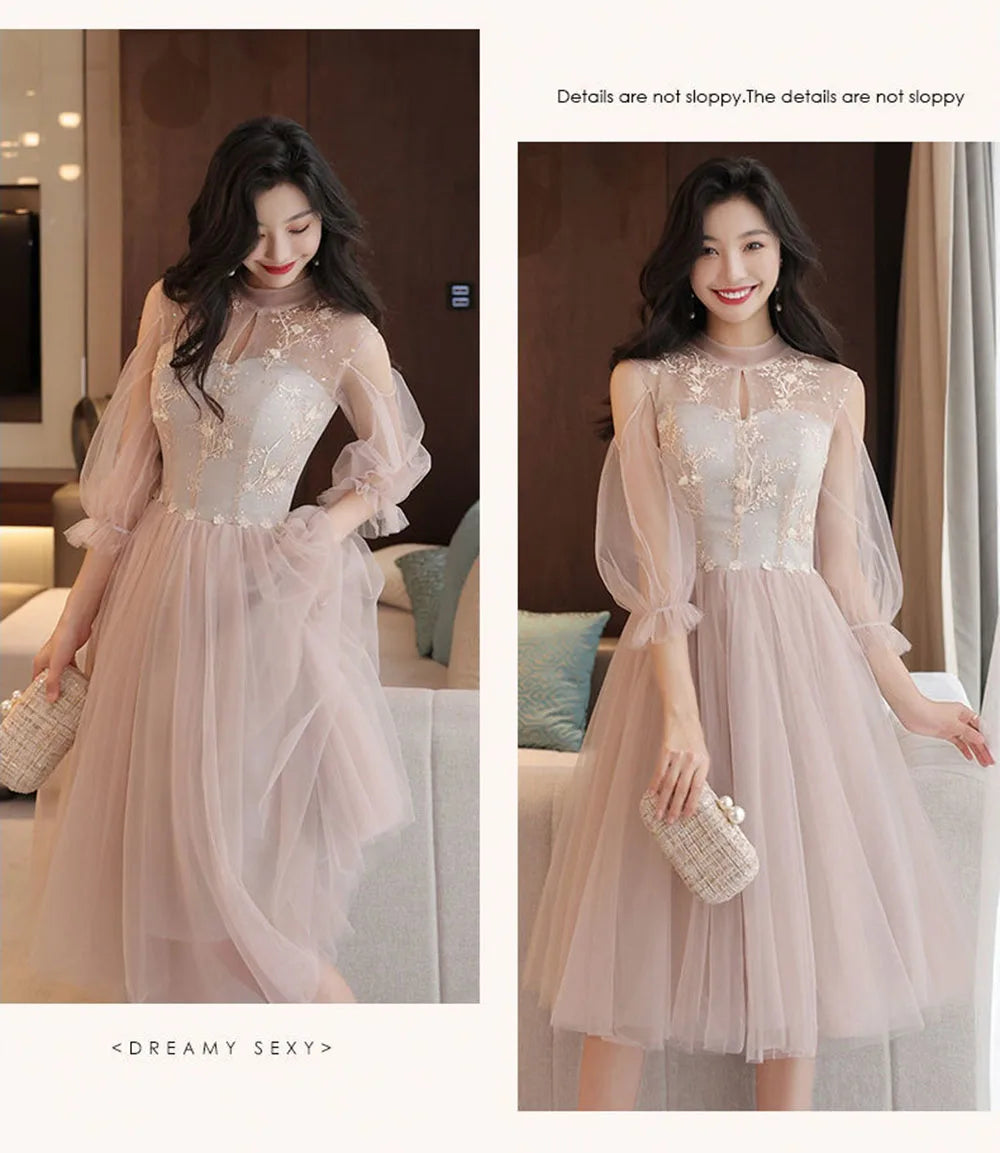 4 Styles Elegant Simple Bridesmaid Dress Women's Tulle Half Sleeves Slim Fit Design A-Line Dress Applique Wedding Party Vestido - Seprincess