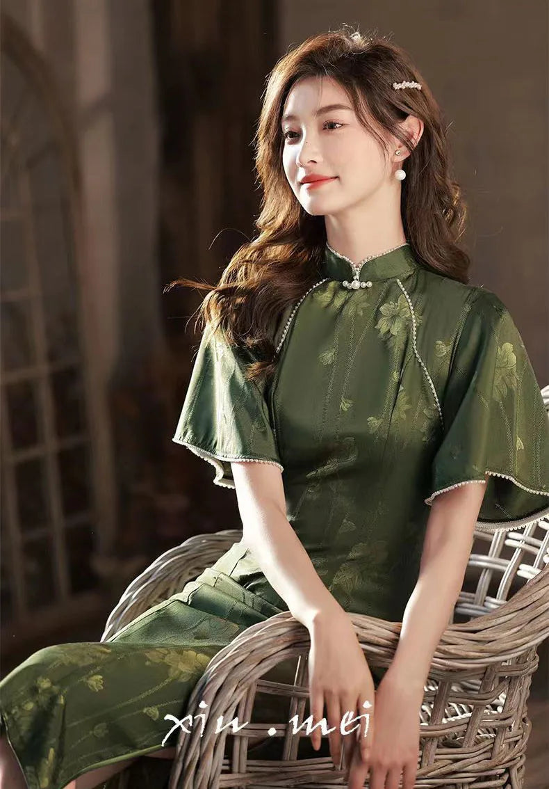 Cheongsam Dress Modern 2024 Women Improved Qipao New Long Waist Chinese Style Dress Sweet Green Chinese Dress Woman - Seprincess