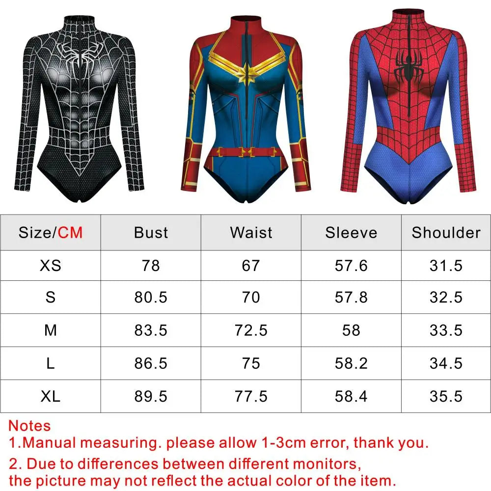 Superhero Bodysuit for Women Men Spiderman Captain Cosplay 3D Print Long Sleeve Swimsuit Adult Halloween Carnival Costume - Seprincess