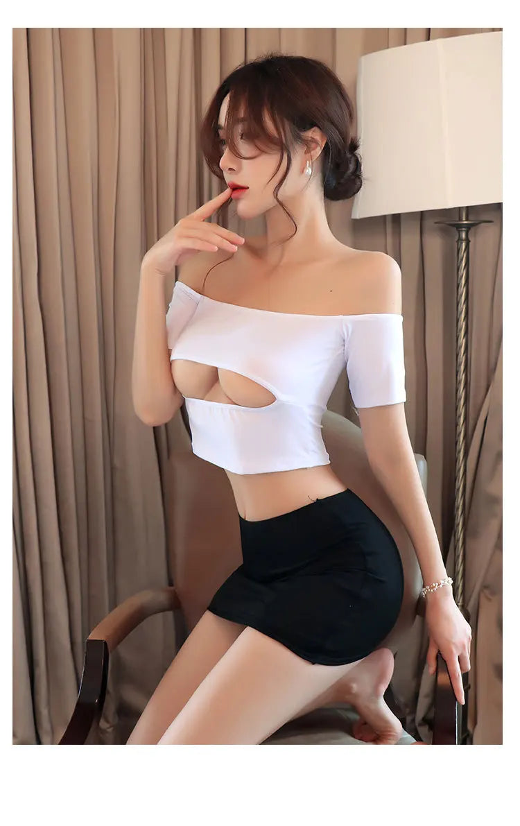 Erotic lingerie Shoulderless Temptation Deep V Bare Milk Two Piece Set women fancy underwear 18 sexy game train men tight xxx - Seprincess