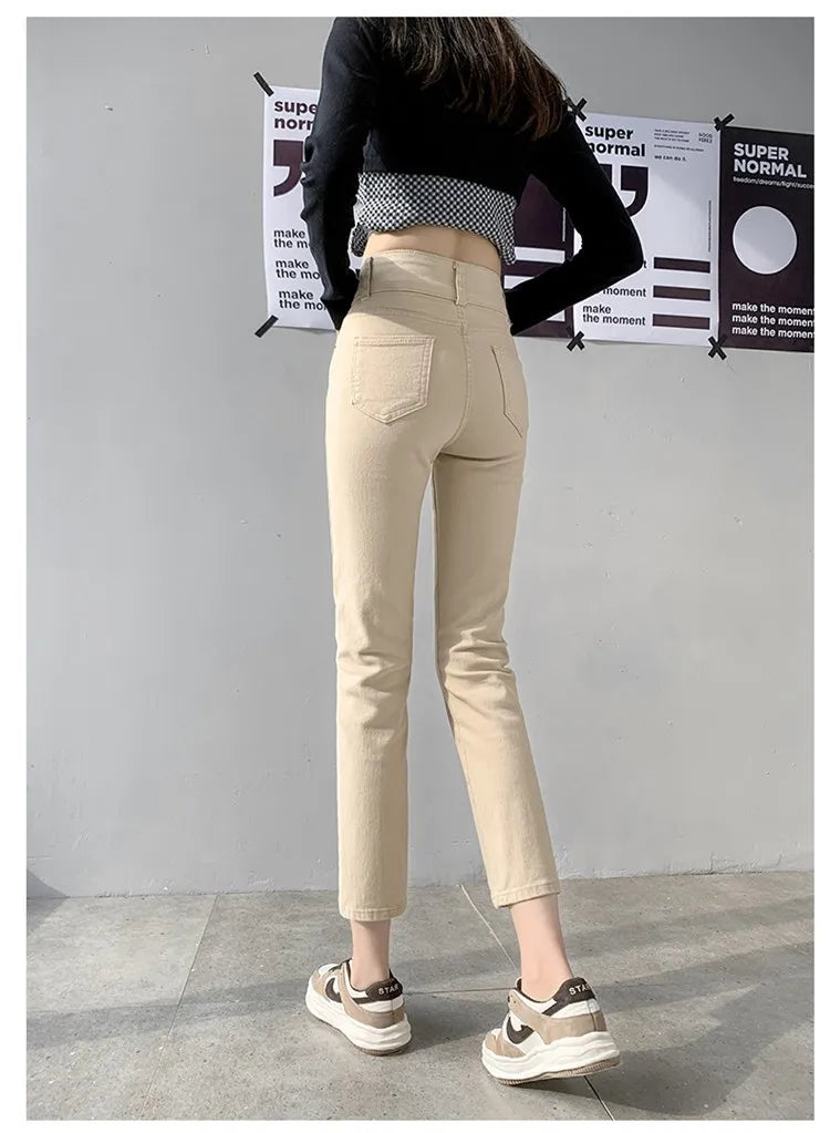 FINEWORDS Slim Skinny Beige Jeans Women High Waist Vintage Push Up Jeans Easymatch Streetwear Korean Denim Ankle-Length Pants