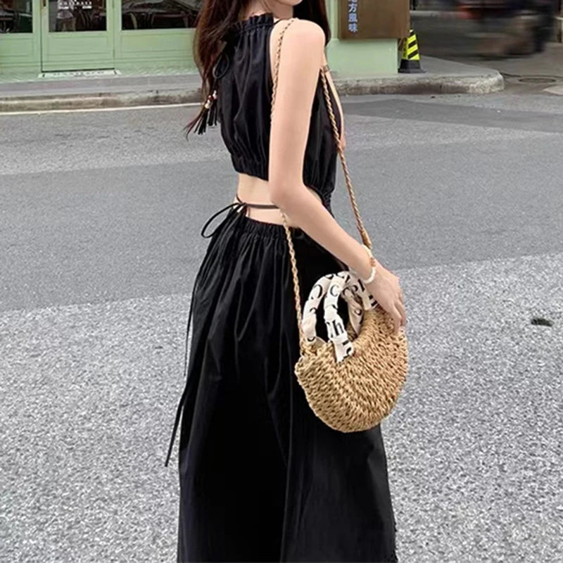 Fashion and Casual Summer Halter Hollow Sleeveless Tassel Solid Color Simple and Generous Hem Holiday Beach Women's Long Dress - Seprincess