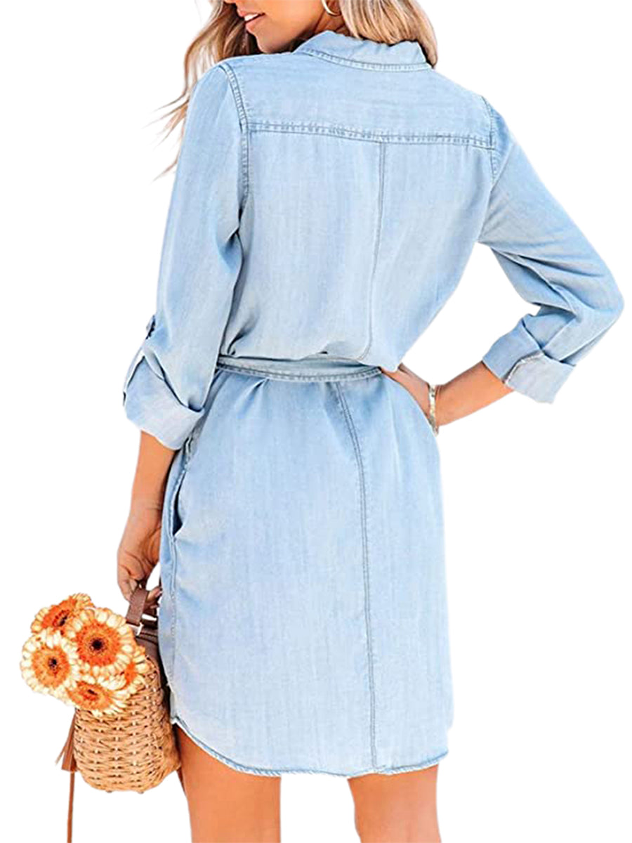 Fashion Women Casual Denim Dress Solid Color Long Sleeve Button-Down Lapel Short Dress with Belt Shirts Dress - Seprincess