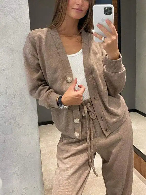 Autumn Fashion Knitted Cotton Women's Sports Jacket Suit Simple Trousers Pocket Casual Cardigan Elegant 2-piece Set Female - Seprincess