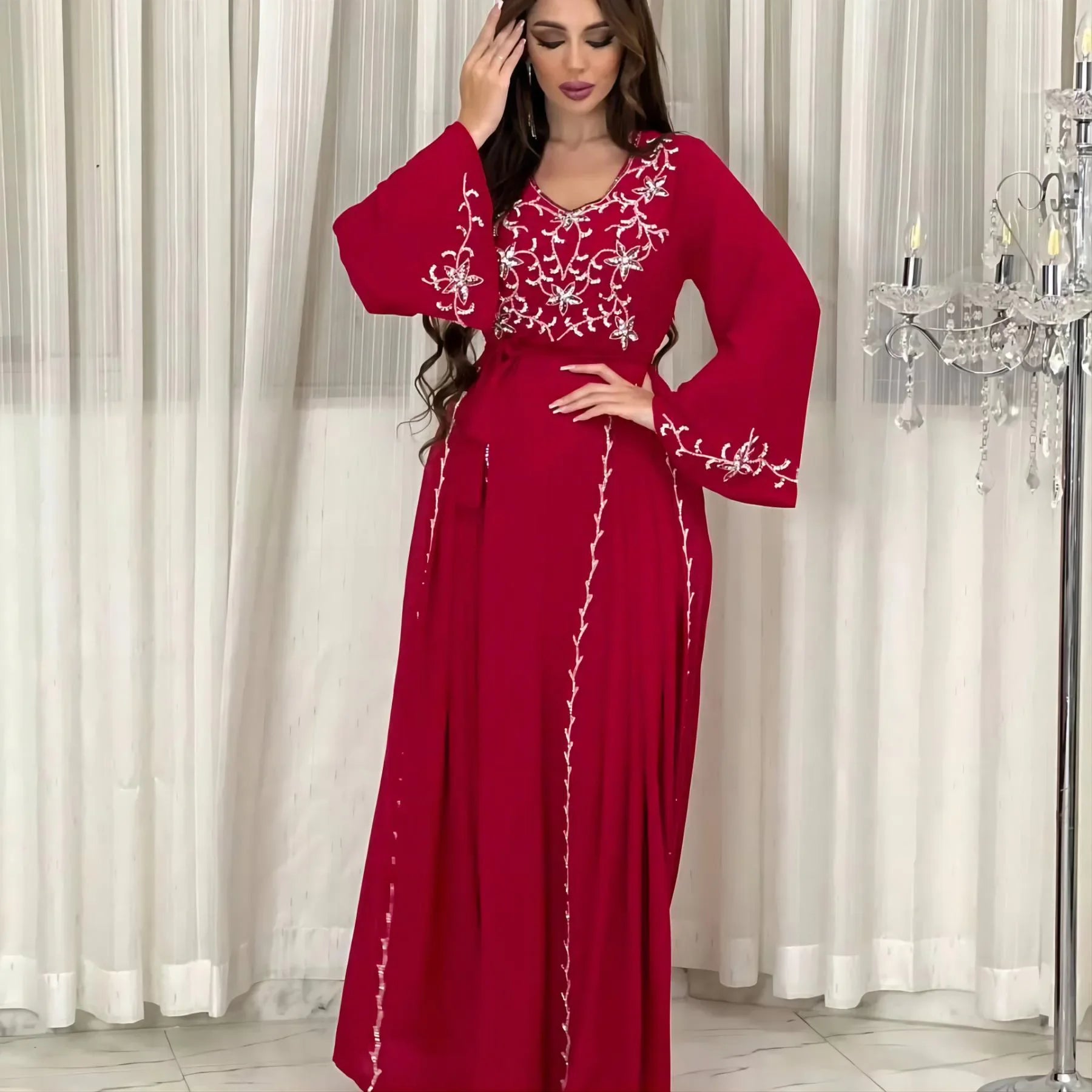 Dress for Women 2024 Spring Summer Fashion Muslim Women Long Sleeve Polyester Kaftan Embroidery Long Maxi Dress Abaya Dubai - Seprincess