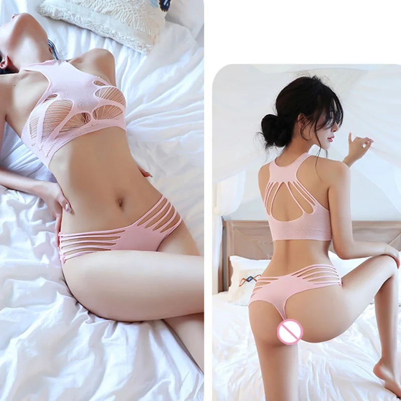 lingerie Hollow Stripe Perspective Breast Dew Two Piece Set women underwear Held sexy open crotch - Seprincess