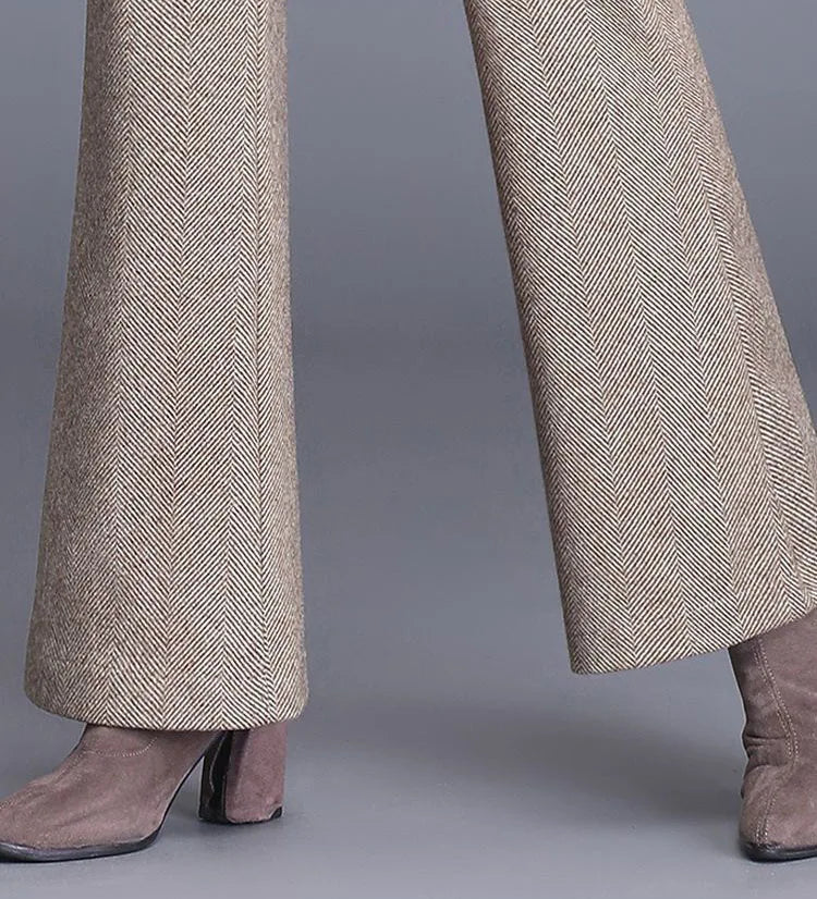 Winter Warm Slim Velvet Lined Flare Pants Women Elastic High Waist Thicken Woolen Wide Leg Pantalones Casual Wool Blend Calca