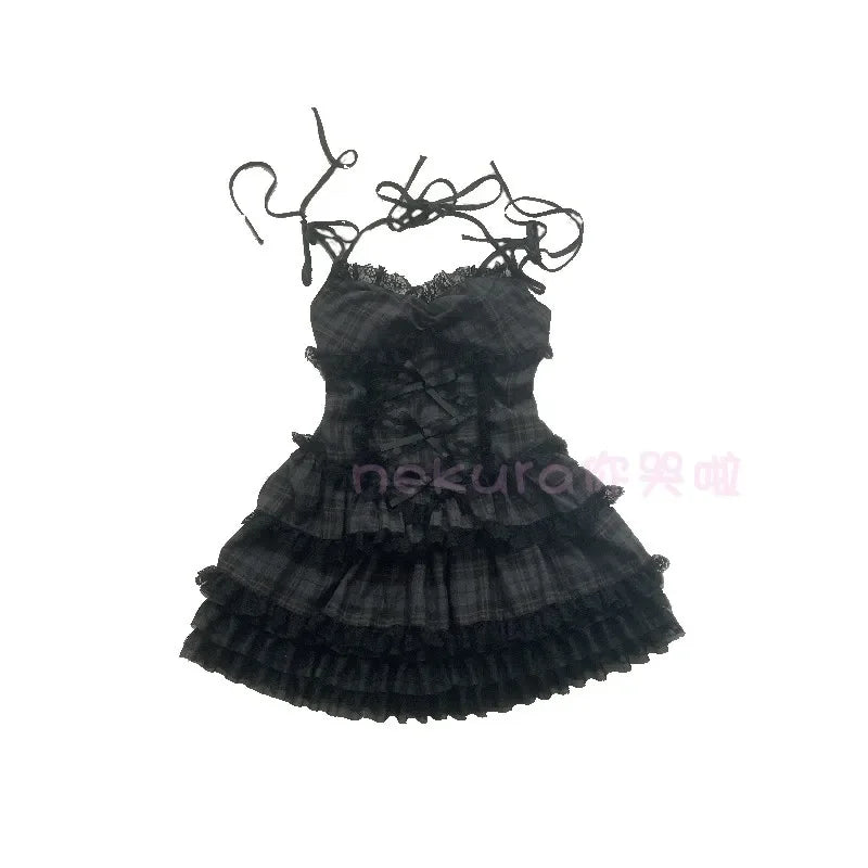 Summer Autumn Preppy Style Gothic Girls Sexy Sling Dress Balck Pleated Mini Short Plaid Women Sleeveless Large Pendulum Dresses - Seprincess