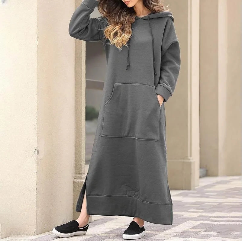 Autumn Winter Women's Loose Knitted Hooded Long Dress Plush Warm Casual Large Pocket Dresses For Women - Seprincess