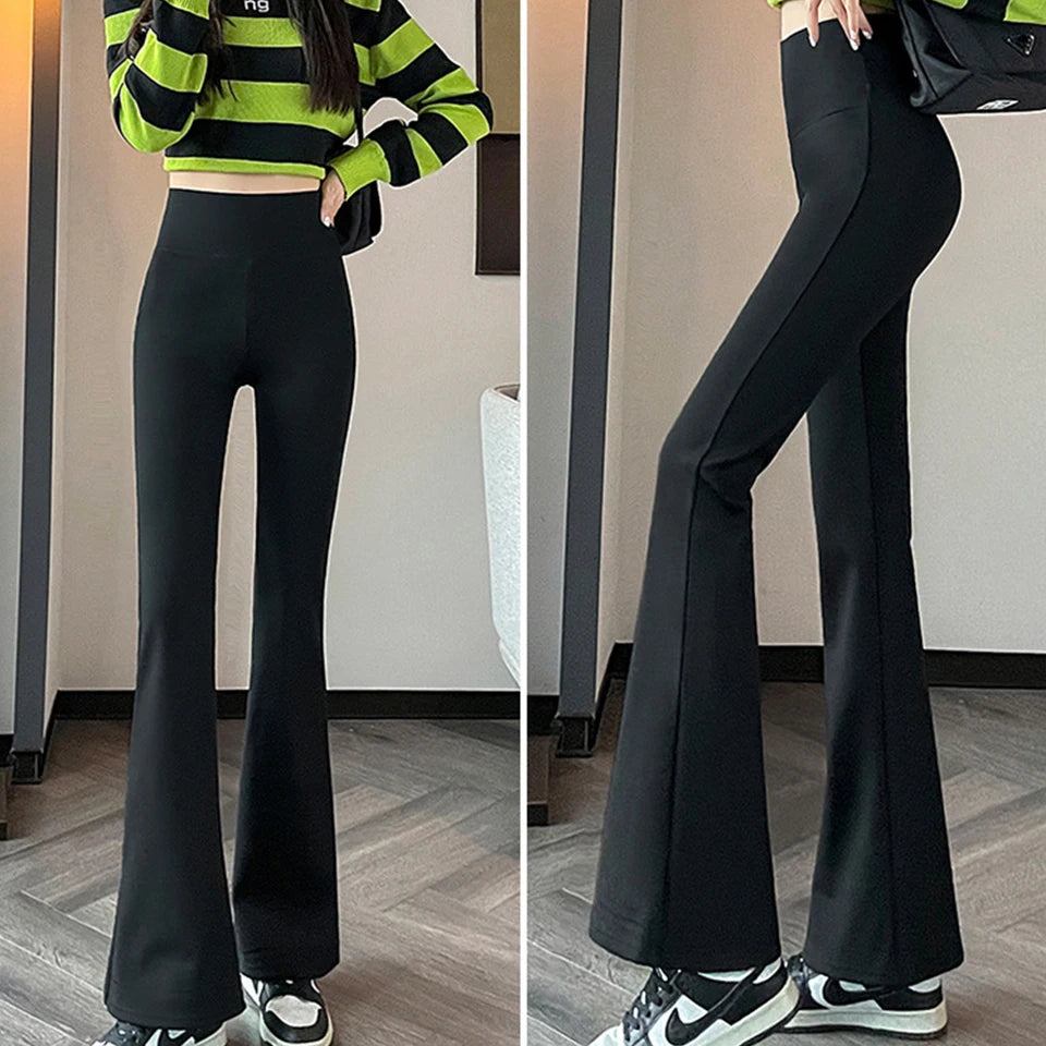 Women's Thermal Fleece Lined Flared Leggings Winter High Waist Thick Pants with Pockets Causal Wide Leg Pants For Cold Weather