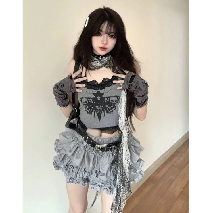 Fashion Sweet Lace Slim Fit Camisole Tops Women+ Y2k Kpop High Waist Ruched Cake Skirts 2024 Summer New Two Piece Sets - Seprincess