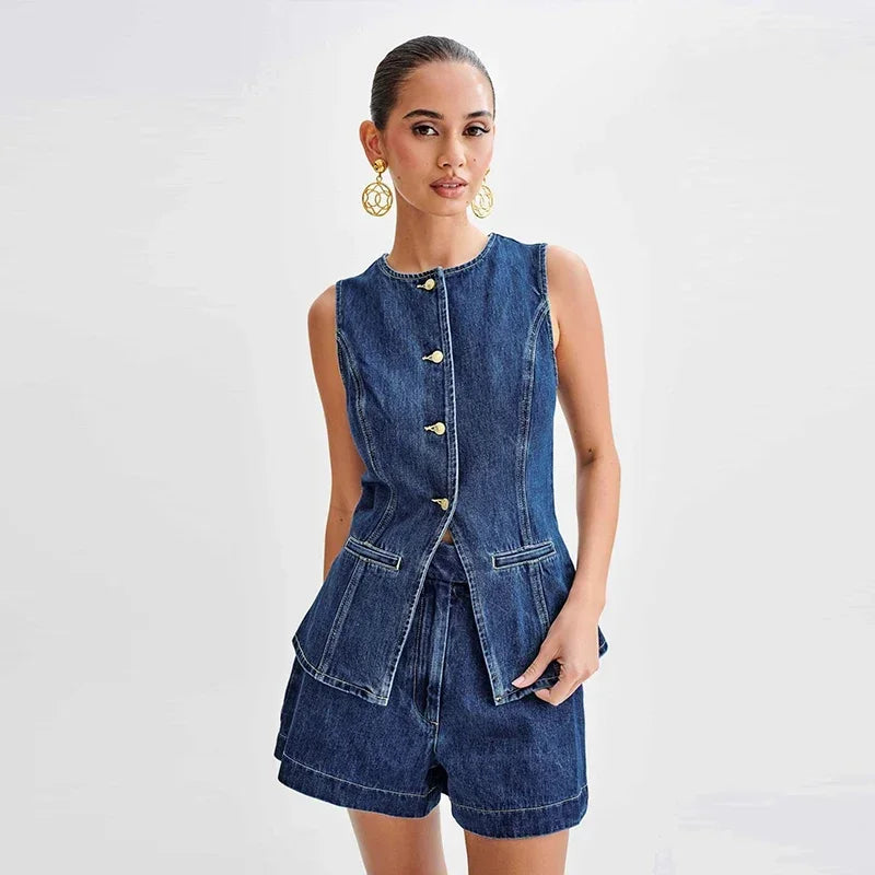 Casual Denim Shorts Sets for Women Sleeveless Single Breasted Split Top Vest High Waist Wide Leg Shorts Suit Female Lady Set - Seprincess