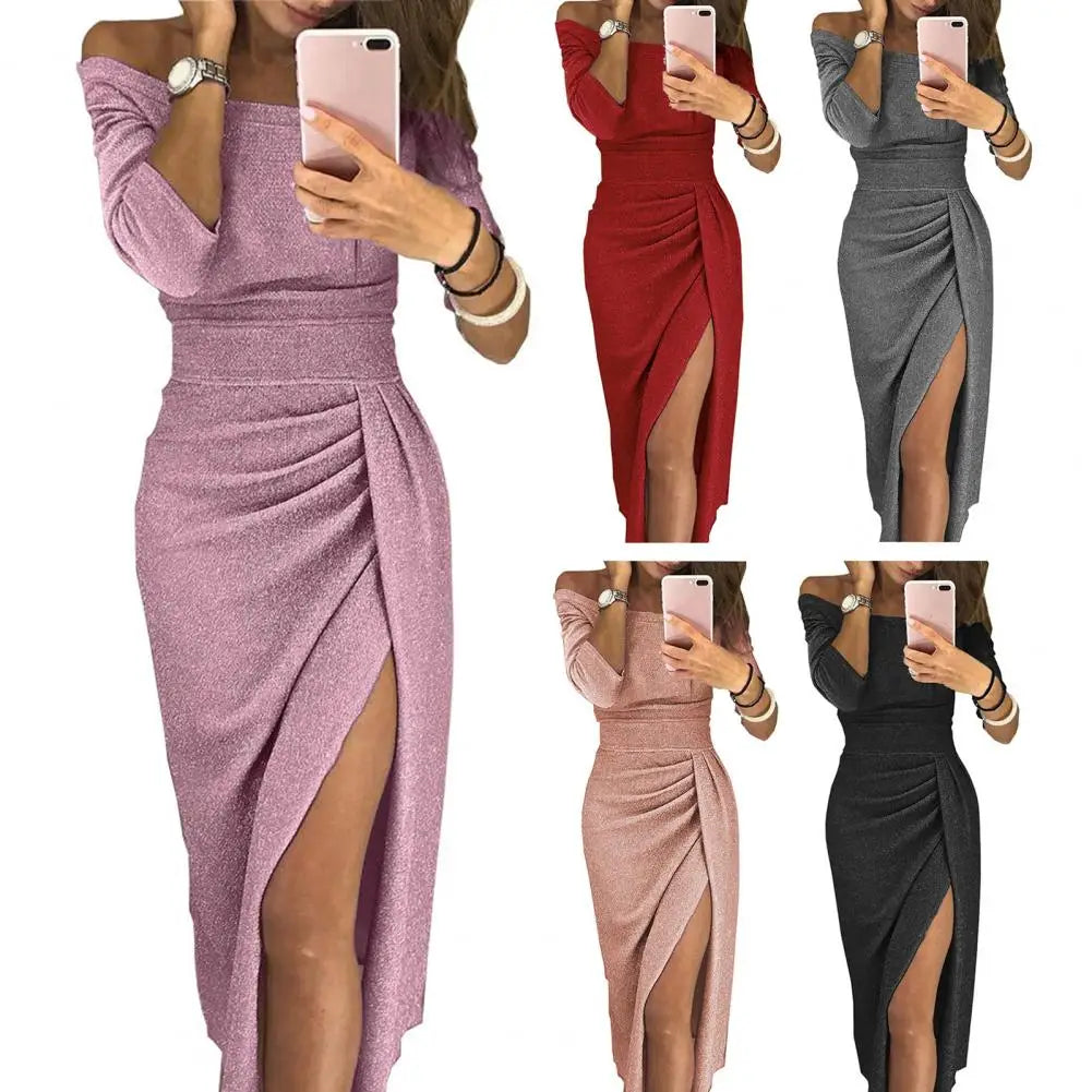 2024 Shiny Vintage Translucent Women Dress Pleated Bodycon Dress Sexy High Waist Lady Split Evening Dresses Elegant Party Dress - Seprincess