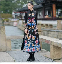 2024 chinese vintage qipao velvet dress mandarin collar improved cheongsam flower embroidery evening banquet qipao folk dress - Seprincess