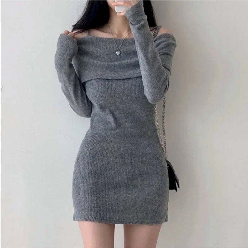 Off Shoulder Suspender Lapel Knit Dress Women Korean Sexy Slim Bottomed Mini Dresses Autumn Winter Solid Suspender Sweater Dress - Seprincess