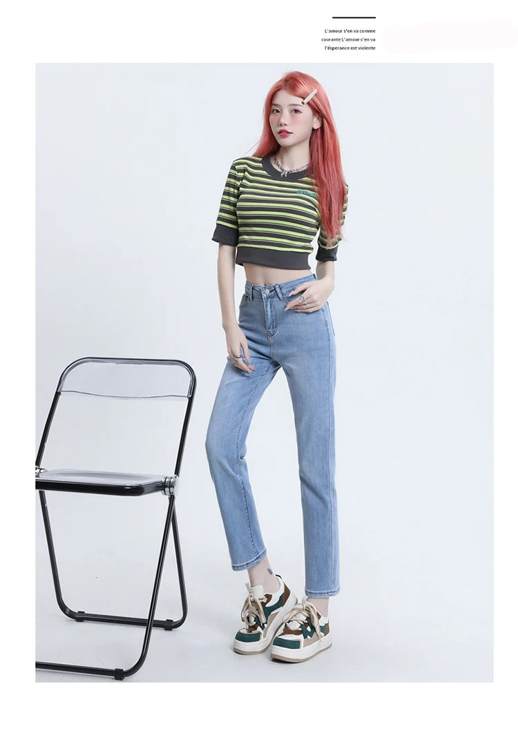 High Waisted Straight Slim Elastic Denim Jeans For Women Smoke Pipe 9,8 Pants Casual Brand Sexy Trousers Female