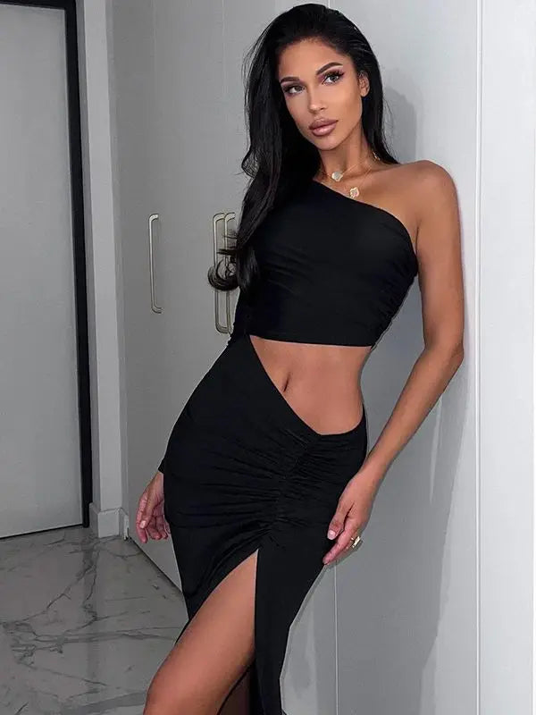 Dulzura Long Sleeve One Shoulder Maxi Dress Cut Out Ruched Slit Bodycon Sexy Prom Party Elegant Evening Y2K Clothes Birthday - Seprincess