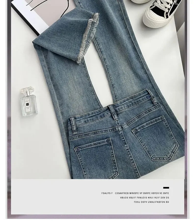 Summer New Fringe Jeans Women's Student High-waisted Elastic Slimming Bootcut Pants Vintage Thin Bell-bottom Pantsins