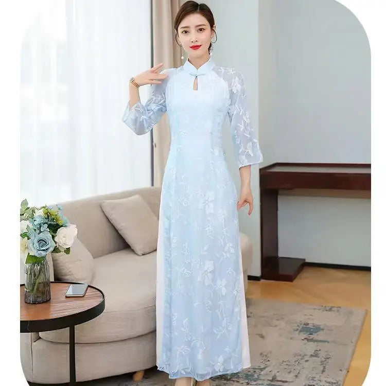 Modified Style Cheongsam Young Simple Elegant Retro Chinese Style Modern Long Qipao High-end Oriental Wedding Party Floral Dress - Seprincess