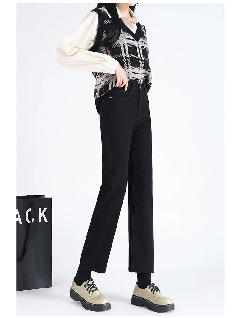 New Straight Denim Jeans Plus Velvet Autumn Winter Micro brushed Edge Elastic Pants High Waist Elastic Fleece Women's Trousers