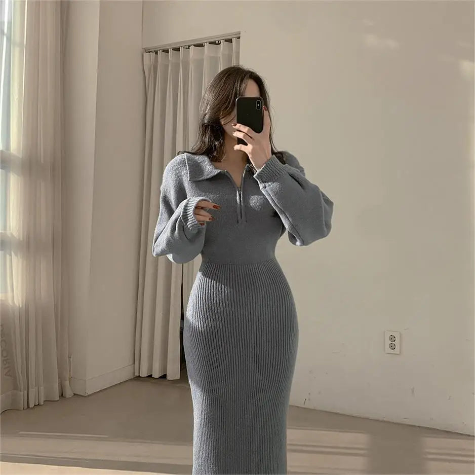 Vintage Long Sleeve V-neck Knitted Sweater Midi Dresses for Women Zipper Lapel Elegant Warm Bodycon Dresses Autumn Winter 2024 - Seprincess