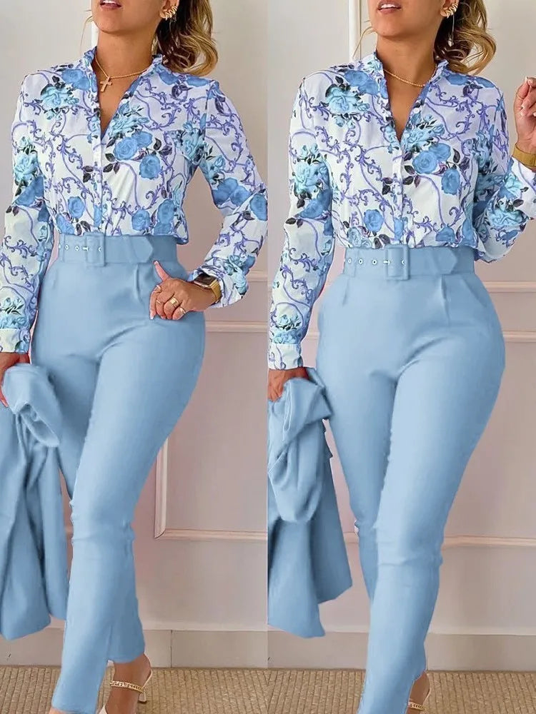 Elegant Women Printed Two Piece Suit Sets Spring Autumn V Neck Long Sleeve Shirt Top & Long Pants Set With Belt Workwear Outfits