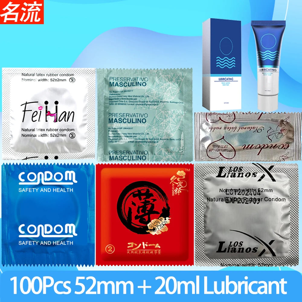 100pcs Ultra Thin Condoms Hyaluronic Acid Smooth Natural Latex Cock Penis Sleeve with Lubricant 20ml Sex Toys for Couples - Seprincess