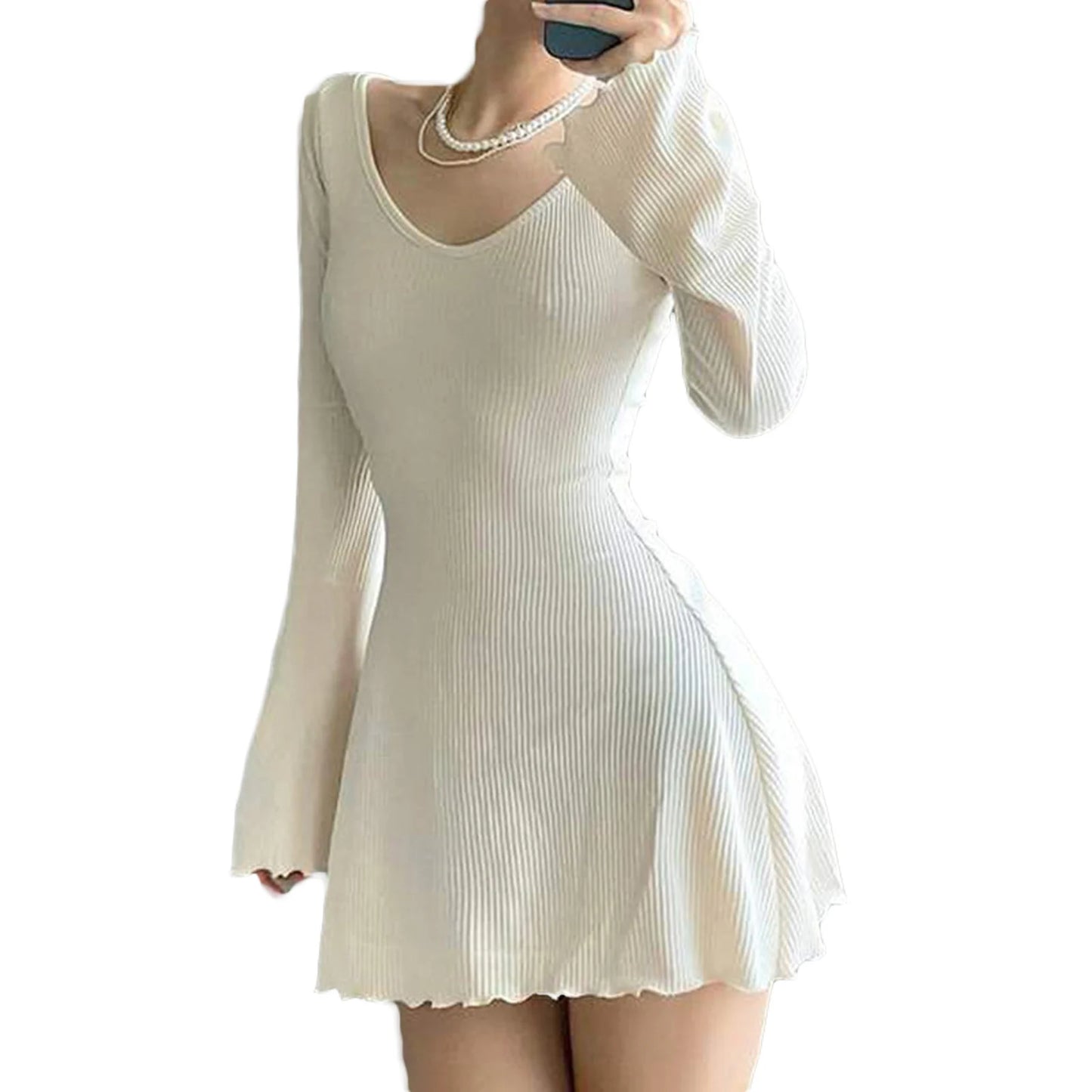 Women Solid Color Ribbed Long Sleeve V-Neck Slim Fit Party Mini Dress Fashion Spring Autumn Slim A-Line Dress - Seprincess