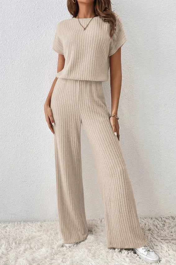 Elegant Short-sleeved Top + Trousers 2-piece Set For Women Fashion Autumn Winter Solid Color Short-sleeved Knitted Suit Female - Seprincess