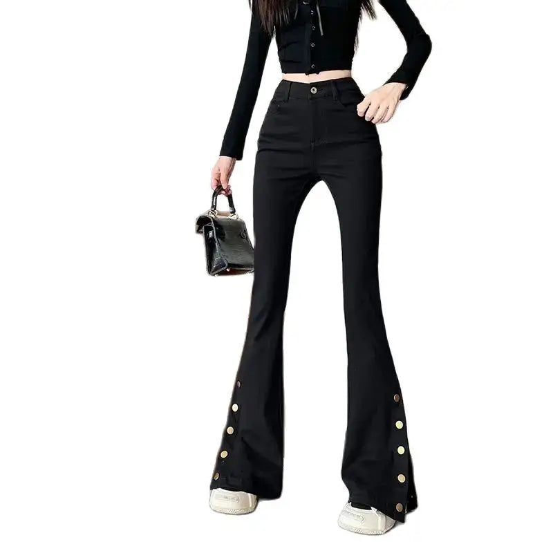 Micro-boot jeans brown buttoned design women's autumn and winter new high-waisted slim straight-leg floor mopping pants