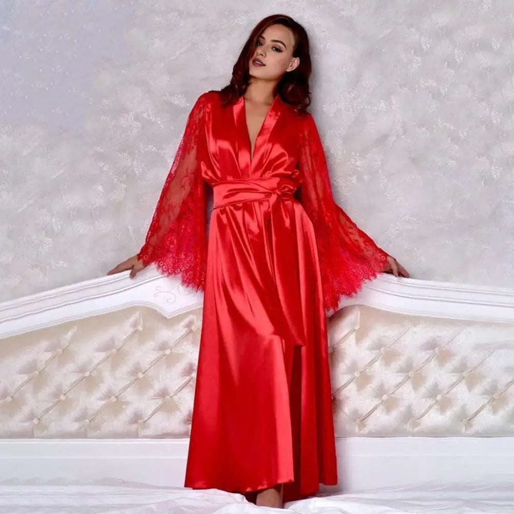 Women Nightgown Lace Sleeves Adjustable Waist Tie Satin Nightie V Neck Imitation Silk Sleepwear Honeymoon Bride Morning Robe - Seprincess