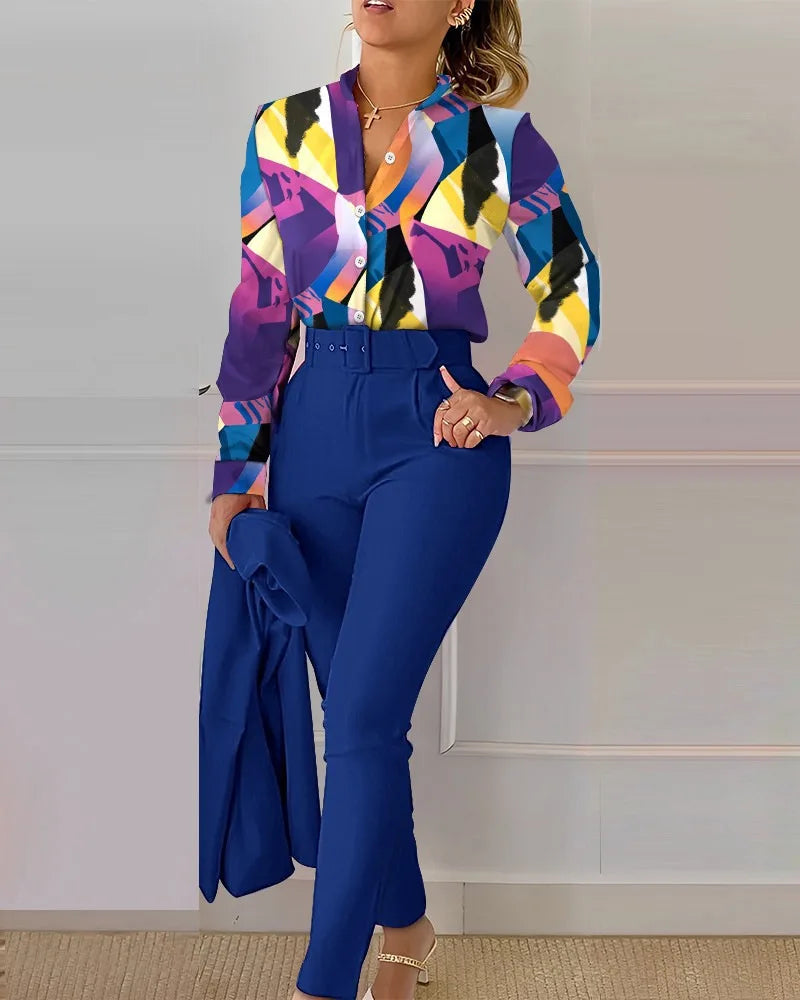 Elegant Women Printed Two Piece Suit Sets Spring Autumn V Neck Long Sleeve Shirt Top & Long Pants Set With Belt Workwear Outfits - Seprincess