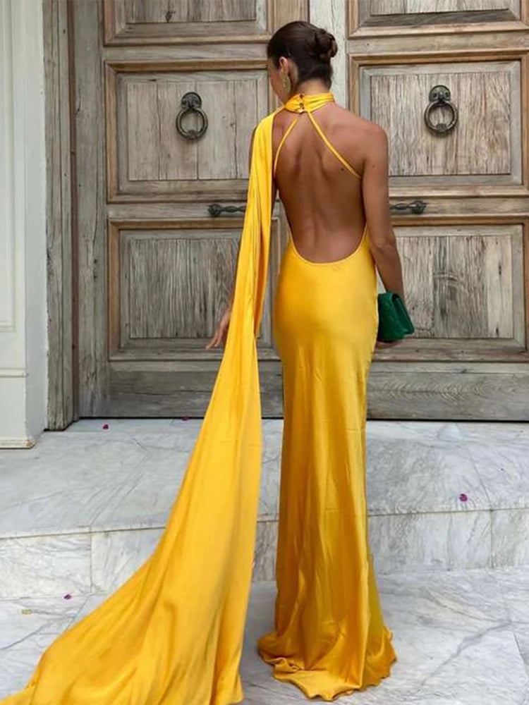 Elegant Satin Halter Slim Long Dress With Scarf Women New Sexy Backless Sleeveless Maxi Dresses Summer Lady Party Chic Vestidos - Seprincess