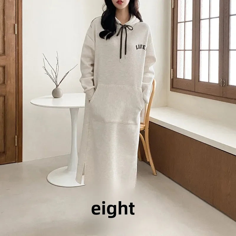 2023 Autumn/winter New Women's Fleece-lined Thickened Sweatshirt Hooded Dress Loose-fit Long Over-knee Korean Style - Seprincess