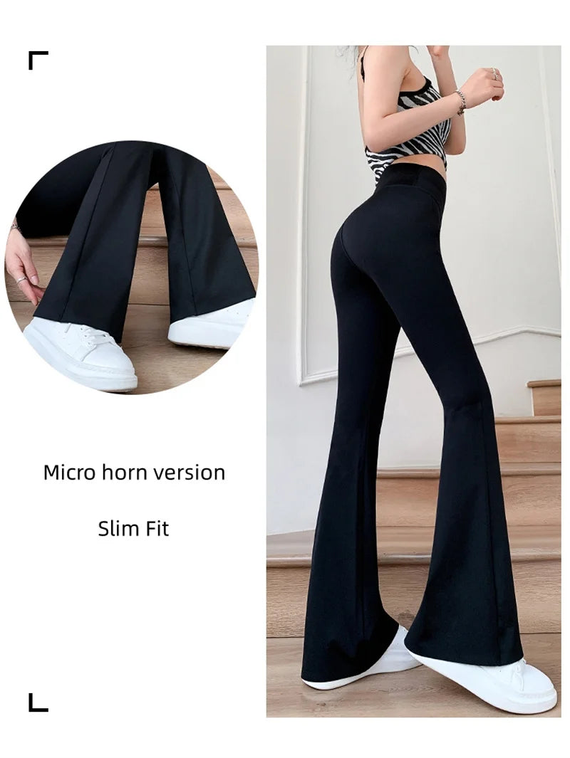 Women High Waist Flare Pants Winter Plush Warm Skinny Slimming Micro Horn Trousers Shark Pant Elegant Office Ladies Tights Y2k