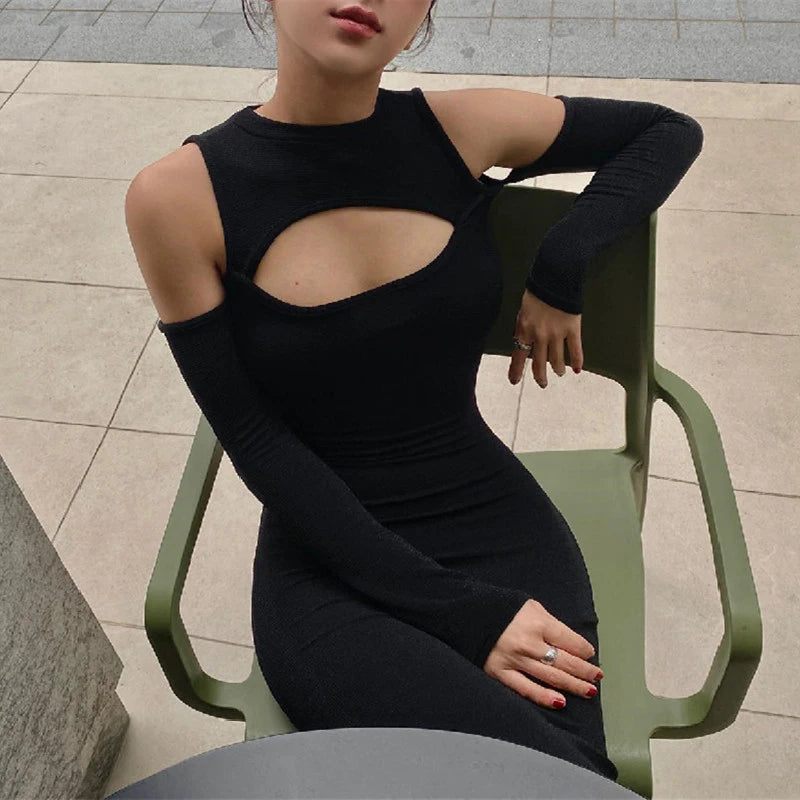 Xeemilo Elegant Hollowed Off Shoulder Maxi Dress Black Sexy Long Sleeve Split Dresses 2022 Women Slim Fitting Evening Party Robe - Seprincess