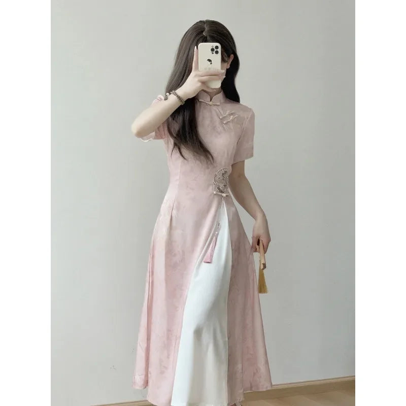 Elegant Pink Stand Collar Short Sleeve Ao Dai Vietnamese Dress for Women Chinese Style Printed Cheongsam Dresses Qipao XL 2XL - Seprincess