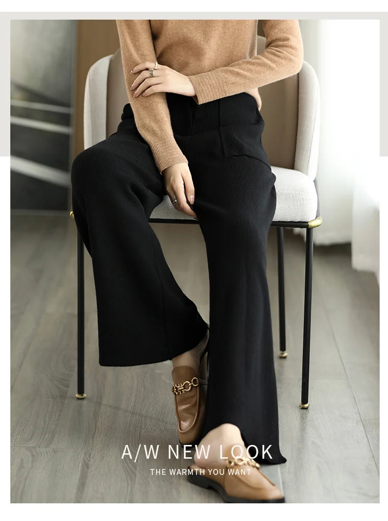 Women's Merino Wool Knitted Pants Office Lady Simple High Waist Straights Trousers Cashmere Wool Autumn Winter Thick Knitwear