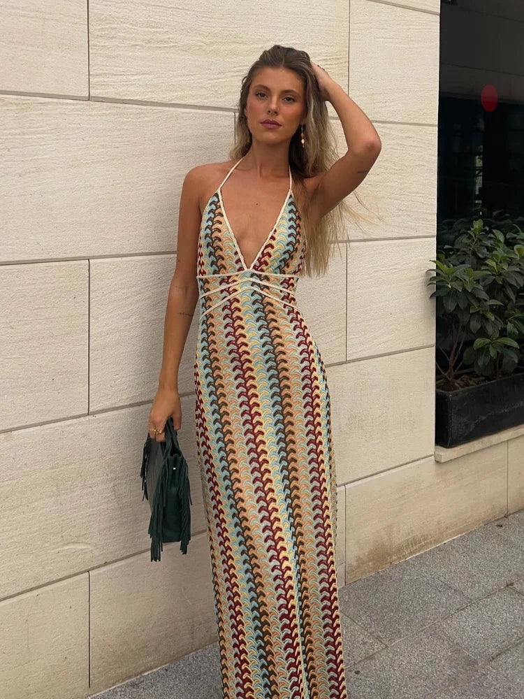 Sexy Contrast Striped Knit Halter Dress Women Fashion Loose Backless Maxi Dresses Summer Chic Female Beach Party Vestidos - Seprincess