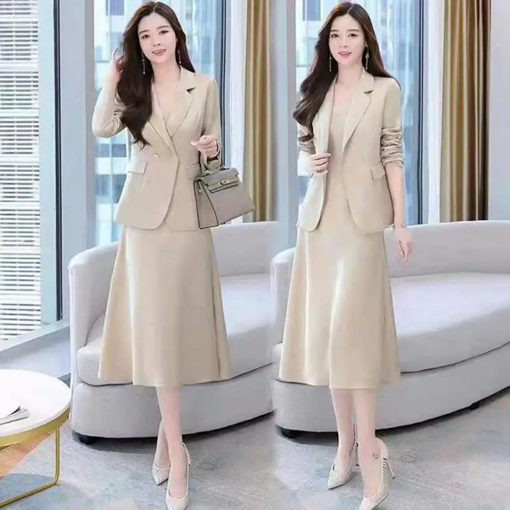 2Pcs Women Outfit Commute Trendy Office Lady Dress Coat Set Elegant Sling Style Coat Long Dress Suit Lady Business Skirt Suit - Seprincess