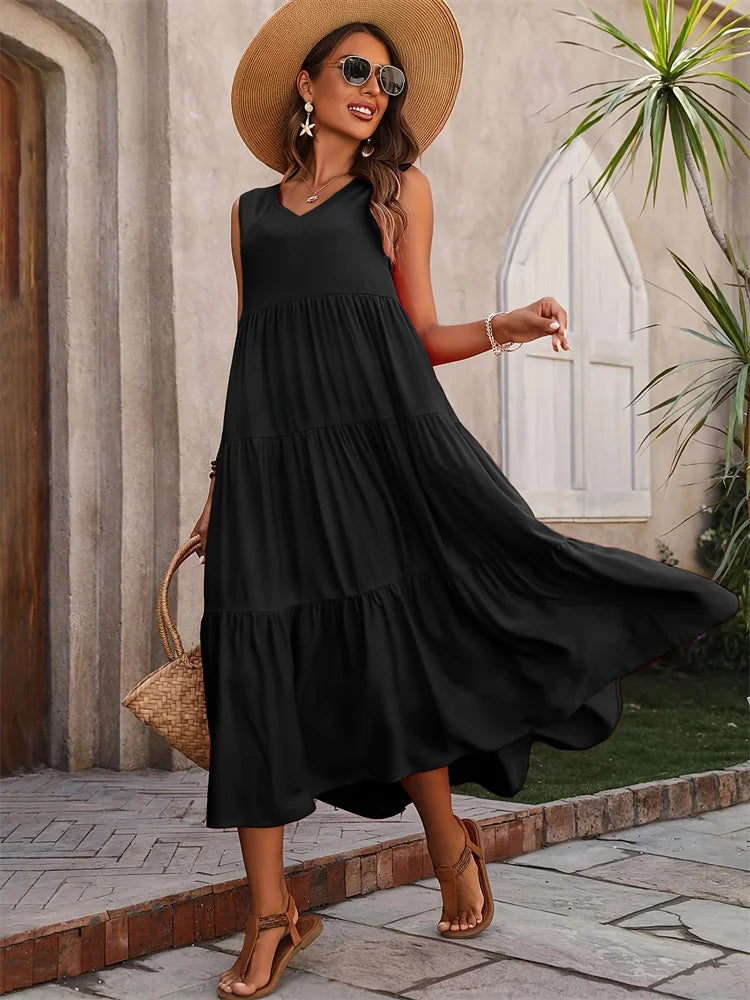 Y.KUKU 2024 Women Dress Summer Casual Brand Vacation Holiday Beach Long Dresses V-neck Loose Elegant Yellow Dress Femme - Seprincess