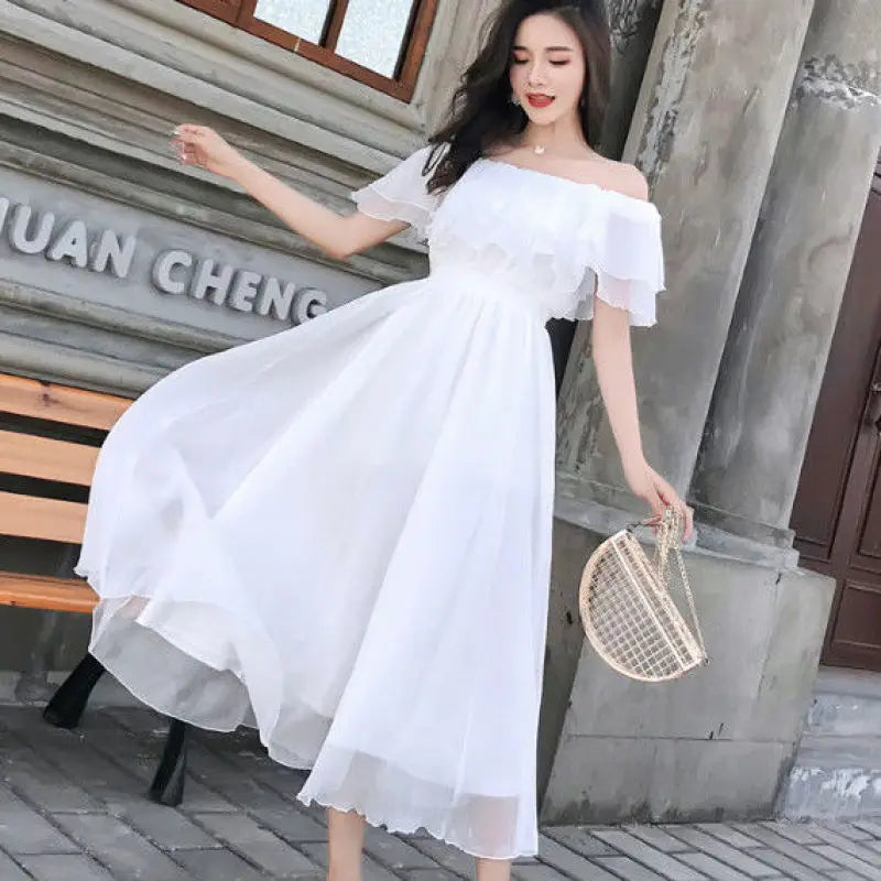 Women's Summer Beach Style Chiffon White Long Dress Lady Graceful Fairy Layers Ruffles Off-Shoulder Dresses Evening Party Gown - Seprincess