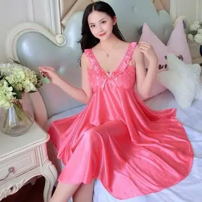 Thin Silk Lady Charming Sleepwear Night Dress Women Sexy Soft Lingerie Spaghetti Strap Home Wear Honeymoon Bride Wedding Nighty - Seprincess